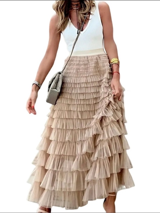 Dresses & Skirts - Women’s Layered Ruffle Maxi Skirt in Beige